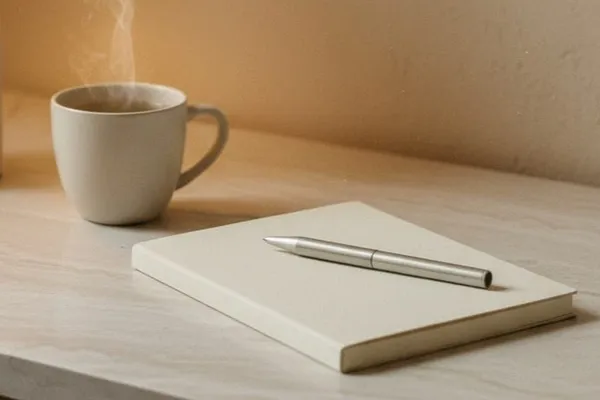 A closed cream notebook with a slim pen laid across it, on a pale wood ledge beside a steaming stoneware mug and a tall cream ceramic vessel, in warm lamplight against a textured plaster wall.