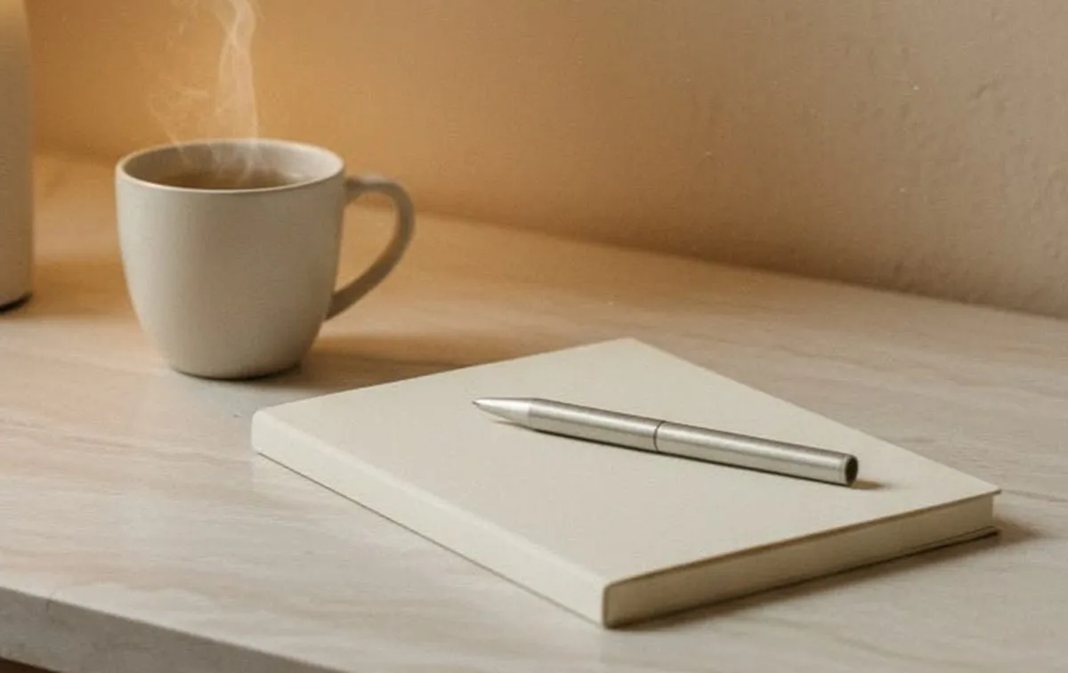 A closed cream notebook with a slim pen laid across it, on a pale wood ledge beside a steaming stoneware mug and a tall cream ceramic vessel, in warm lamplight against a textured plaster wall.