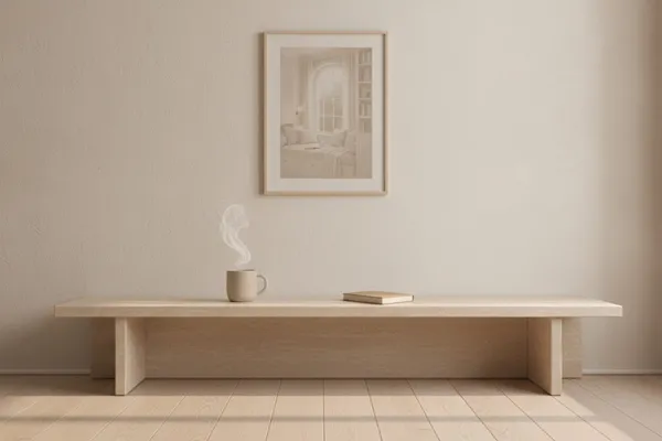 A calm morning surface near a window with a steaming mug, closed book, and framed minimalist print in soft daylight.