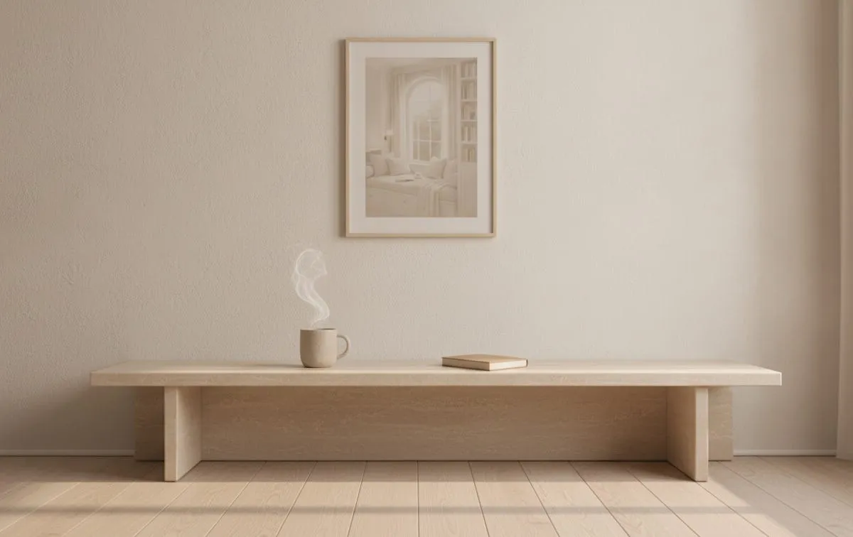 A calm morning surface near a window with a steaming mug, closed book, and framed minimalist print in soft daylight.