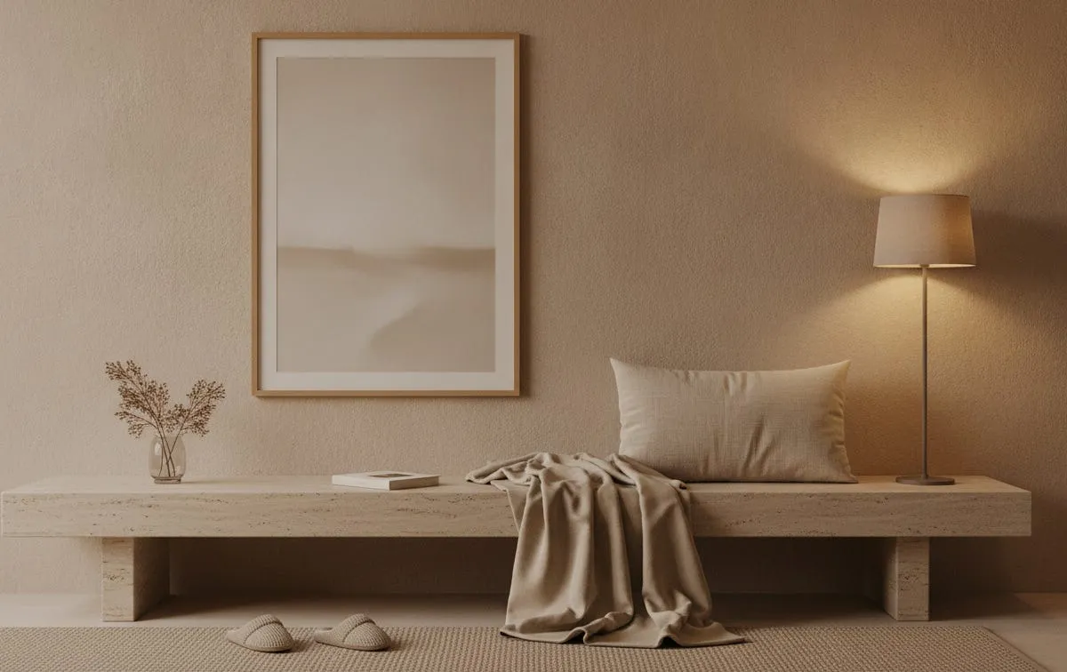 A calm living room corner with a large framed beige minimalist print centered above a low bench and a single soft lamp.