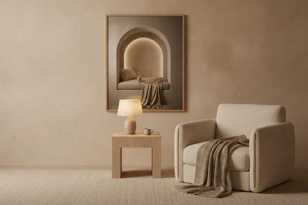 A quiet corner with an armchair, low lamp, and framed minimalist print, lit by warm low light and free of clutter.