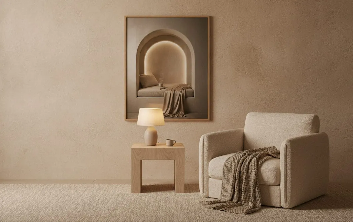 A quiet corner with an armchair, low lamp, and framed minimalist print, lit by warm low light and free of clutter.