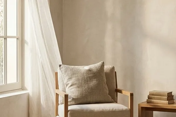 A cream linen armchair with a folded pillow, tucked into a sunlit corner beside sheer curtains, with a small stack of books resting on a wooden side table.