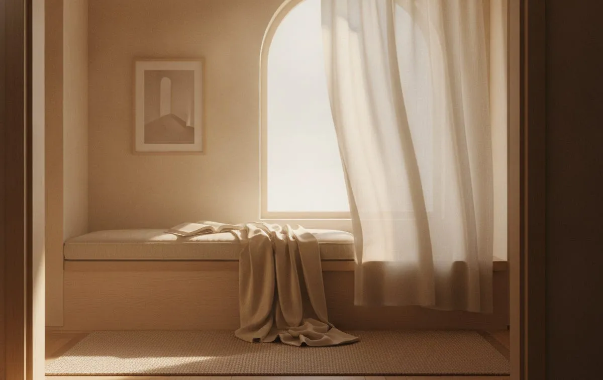 A quiet reading nook with a window seat, open book, and one framed minimalist print on the wall, lit by soft golden-hour light.