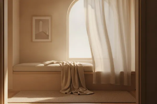 A quiet reading nook with a window seat, open book, and one framed minimalist print on the wall, lit by soft golden-hour light.