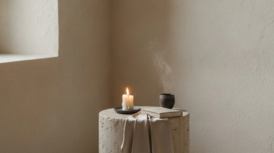 A single lit candle beside a small dark vessel on a linen-draped stool, in a bare plaster corner lit from one side