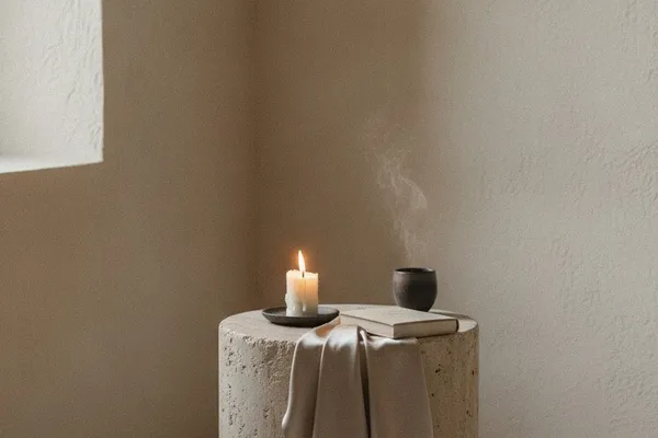 A single lit candle beside a small dark vessel on a linen-draped stool, in a bare plaster corner lit from one side