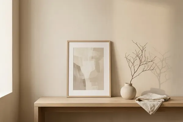 A framed art print leaning against a warm plaster wall beside a small ceramic vase holding a bare dried branch, on a pale-oak ledge with folded cream linen