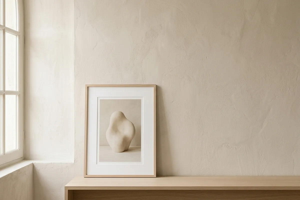 A single framed minimalist art print in a pale-oak frame, leaning against a warm oatmeal plaster wall with soft window light and wide empty space around it