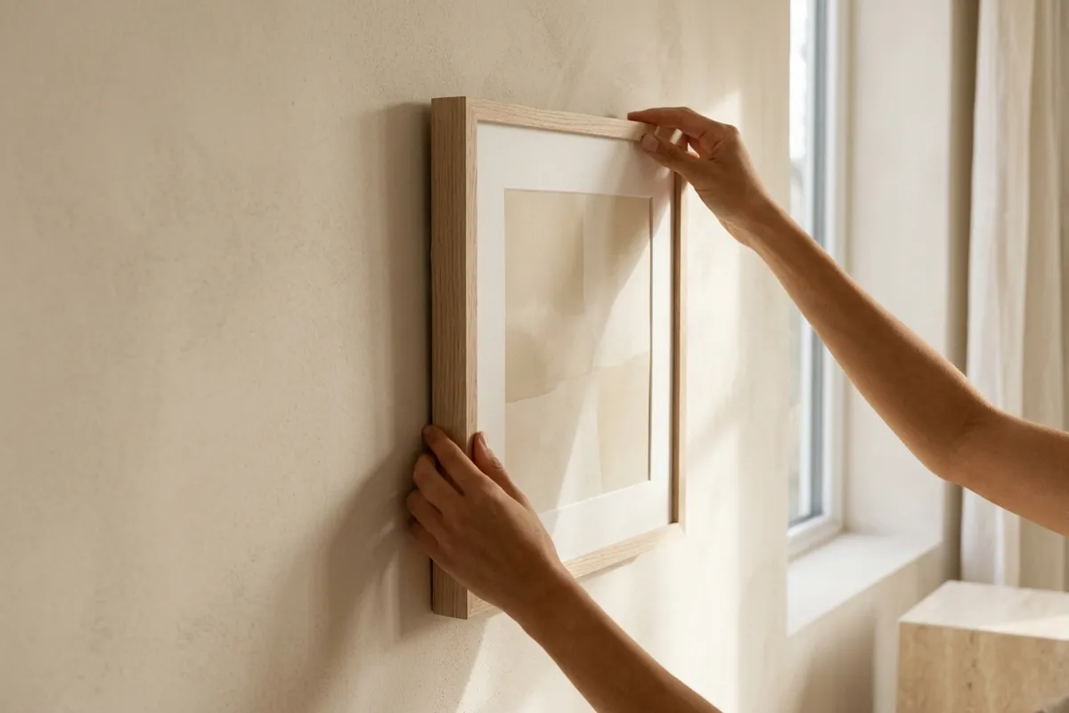 Two hands lifting a framed neutral-toned art print to hang it on a warm plaster wall, soft window light from the side