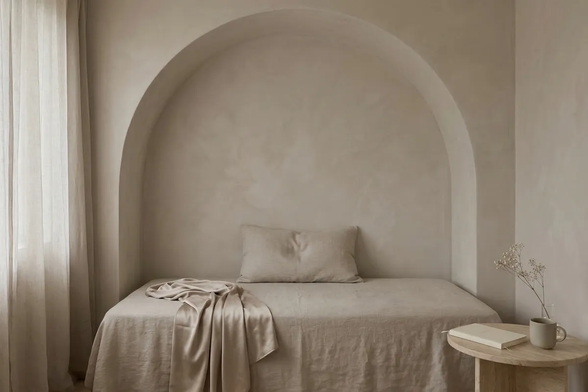 A linen daybed beneath a plaster arch alcove with a single pillow and a rumpled matte champagne satin throw, beside a small round side table holding a closed cream journal, a ceramic mug, and dried baby's breath in a glass vase