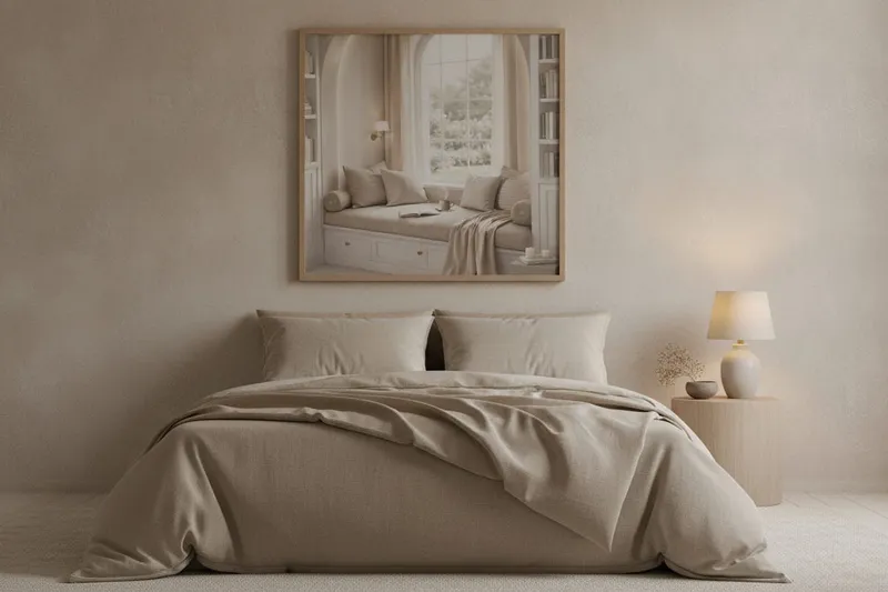 A bedroom wall at dusk with one large framed calm print above a low bed with neutral linens and a glowing bedside lamp.