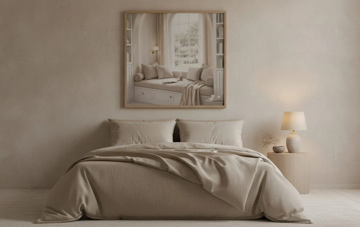 A bedroom wall at dusk with one large framed calm print above a low bed with neutral linens and a glowing bedside lamp.