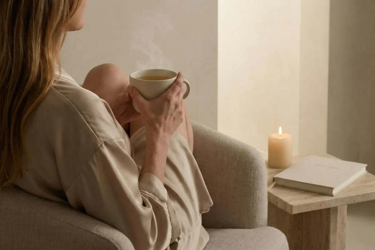 Back view of a woman with warm honey-brown hair in a champagne satin robe sitting in a linen armchair holding a steaming mug of tea, looking toward a plaster arch alcove with soft ivory glow
