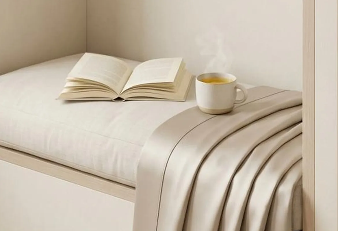 A soft calm aesthetic wallpaper scene in warm cream and amber light — a quiet threshold before the day begins