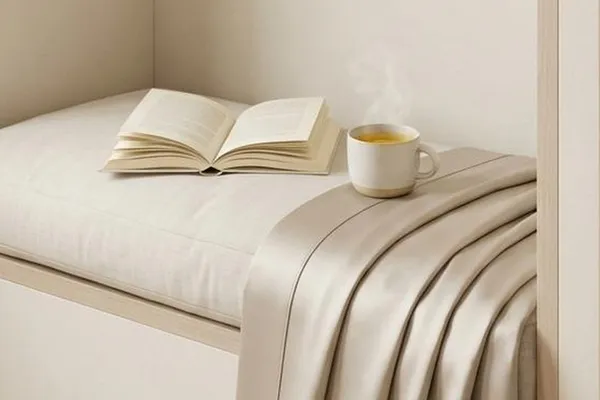 A soft calm aesthetic wallpaper scene in warm cream and amber light — a quiet threshold before the day begins