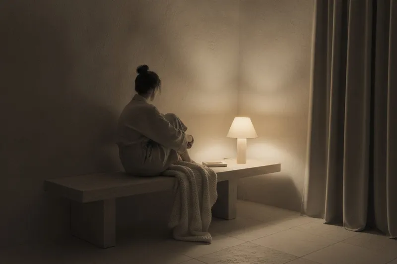 A dim interior corner lit by a single warm lamp, with a heavy satin curtain along one edge and a faceless figure seated off-center, turned away.