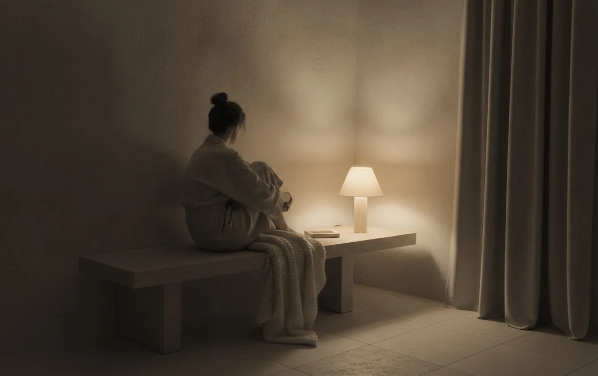 A dim interior corner lit by a single warm lamp, with a heavy satin curtain along one edge and a faceless figure seated off-center, turned away.