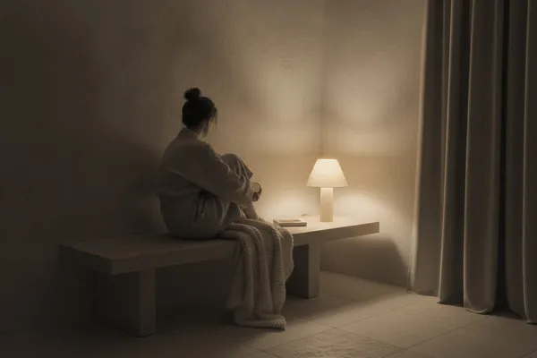 A woman in a pale robe sits on a low stone bench with her knees drawn up, beside a small glowing lamp, in a bare plaster room with a curtain at the right