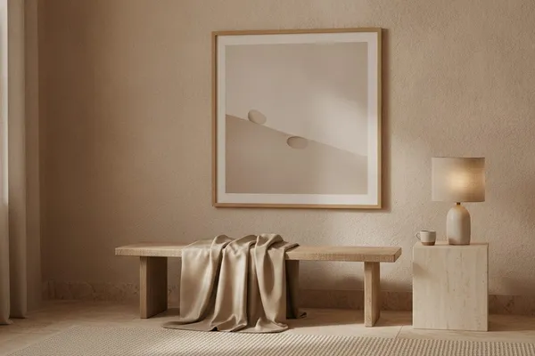A quiet bedroom corner with a large framed beige minimalist print above a low bench, a folded neutral throw, and a small lamp.