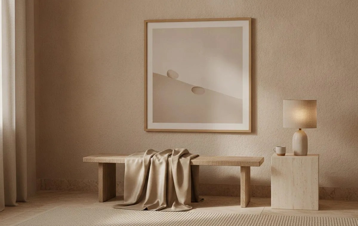A quiet bedroom corner with a large framed beige minimalist print above a low bench, a folded neutral throw, and a small lamp.