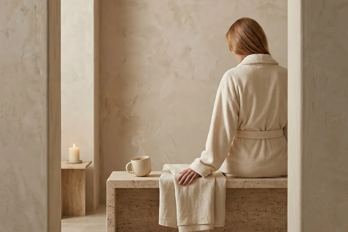 A travertine bench inside a plaster doorway with a satin robe draped over it, a steaming mug of pale tea, a closed notebook, and one candle in soft ivory light