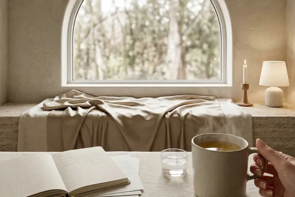 A soft neutral reading nook with a large arched window, a travertine window seat draped in matte champagne satin, a linen-covered table with an open cream journal and a large ceramic mug of pale amber herbal tea with gentle steam