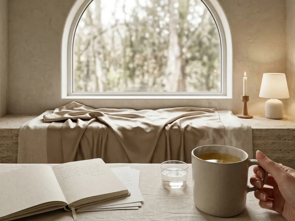 A soft neutral reading nook with a large arched window, a travertine window seat draped in matte champagne satin, a linen-covered table with an open cream journal and a large ceramic mug of pale amber herbal tea with gentle steam
