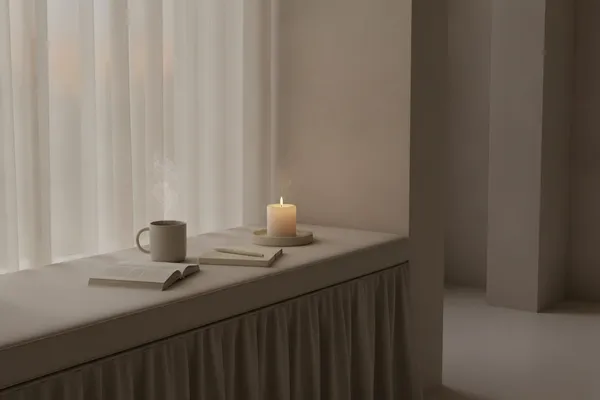 Landscape image of a pale window bench with a steaming mug, partly opened book, closed notebook, and lit candle beside sheer curtains in soft evening light.