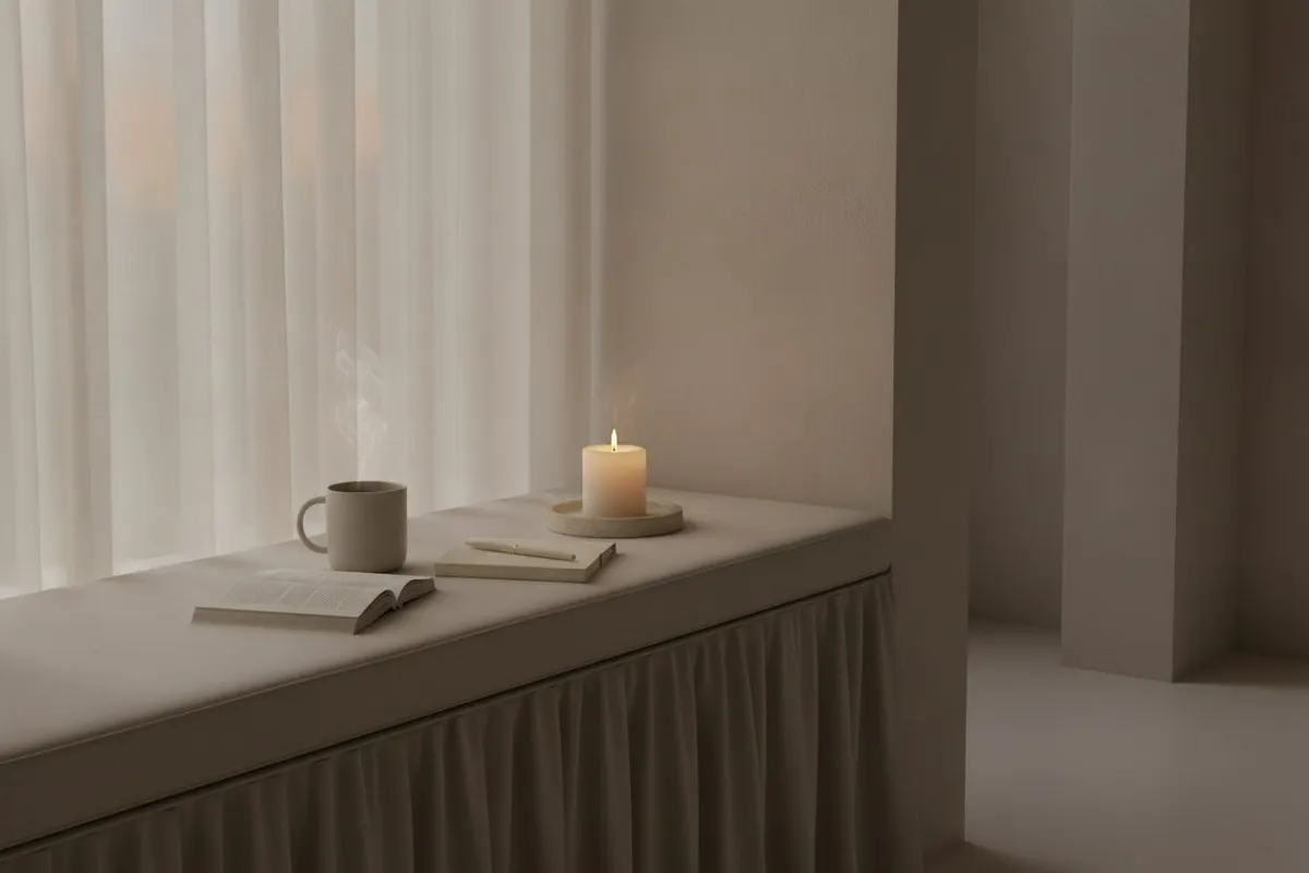 Landscape image of a pale window bench with a steaming mug, partly opened book, closed notebook, and lit candle beside sheer curtains in soft evening light.