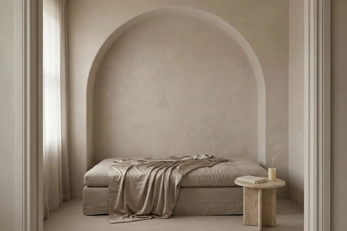 A linen daybed with a rumpled matte champagne satin throw pulled halfway back inside a plaster arch alcove, with a small travertine side table holding a closed cream journal and a candle with a thin wisp of smoke rising