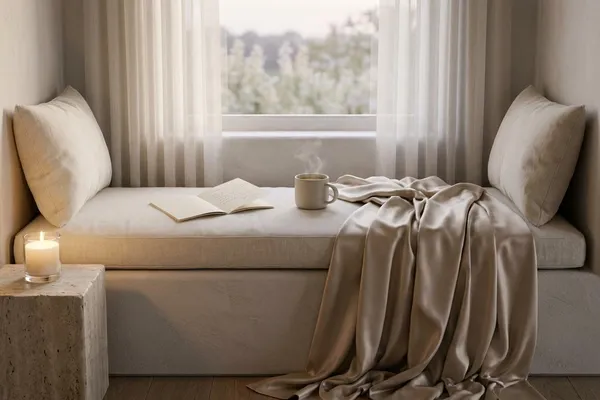 A soft warm-lit corner with a single candle, a linen-draped bench, and a mug of pale tea — the smallest possible version of a room that asks nothing of you