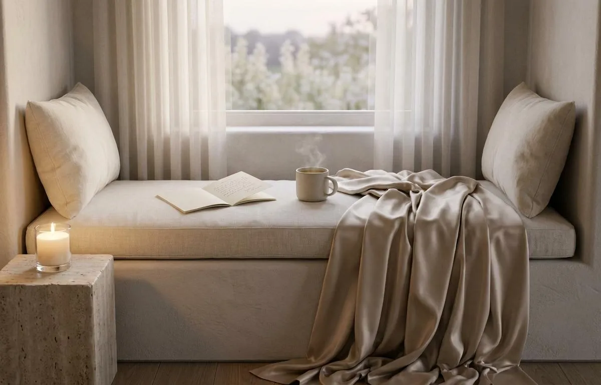 A plaster window nook with a linen bench, steaming mug of pale tea, and one candle on a travertine block in soft ivory light