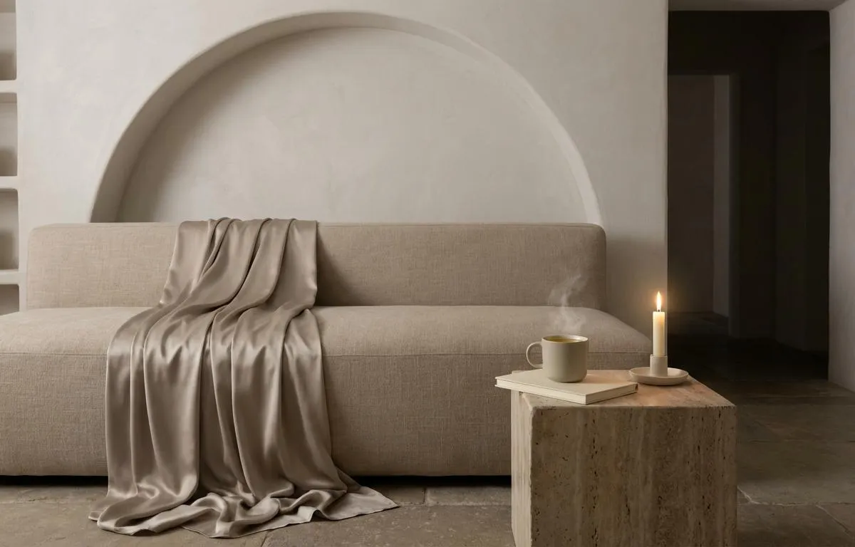 A linen sofa under a plaster arch with sparse shelves above, champagne satin draped over the arm, a steaming mug and closed notebook on a travertine block, and one candle in soft ivory light
