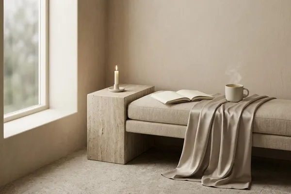 A narrow plaster window nook with a linen bench, matte champagne satin draped toward the floor, an open cream booklet, and a steaming mug of pale amber tea in soft ivory light
