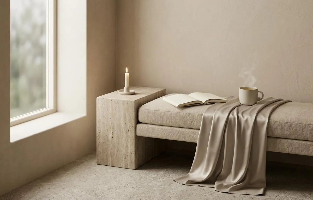 A narrow plaster window nook with a linen bench, matte champagne satin draped toward the floor, an open cream booklet, and a steaming mug of pale amber tea in soft ivory light