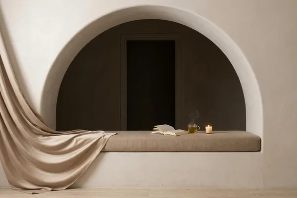 A soft plaster reading nook with a built-in linen bench, champagne satin draped toward the floor, an open book, a steaming mug of tea, and one candle in gentle ivory light