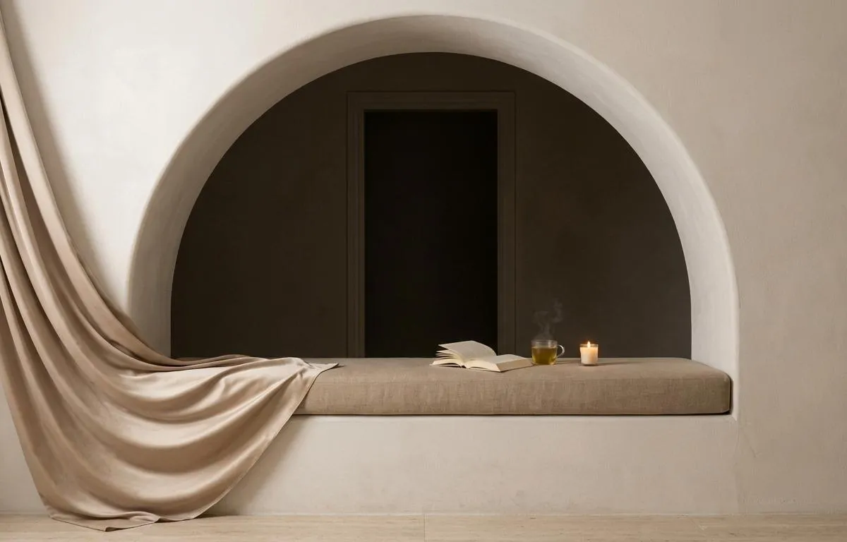 A soft plaster reading nook with a built-in linen bench, champagne satin draped toward the floor, an open book, a steaming mug of tea, and one candle in gentle ivory light