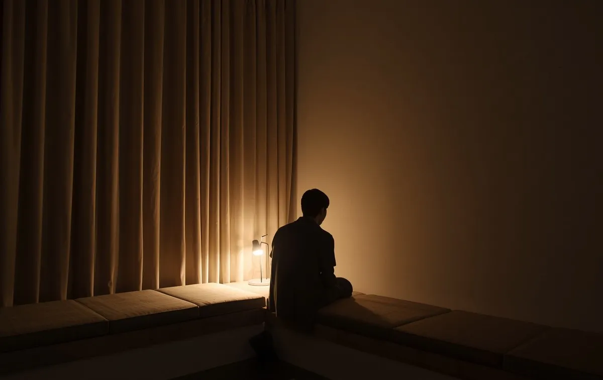A dark room at night: a figure sits on a low platform with their back to us, a small lamp glowing against a floor-length curtain