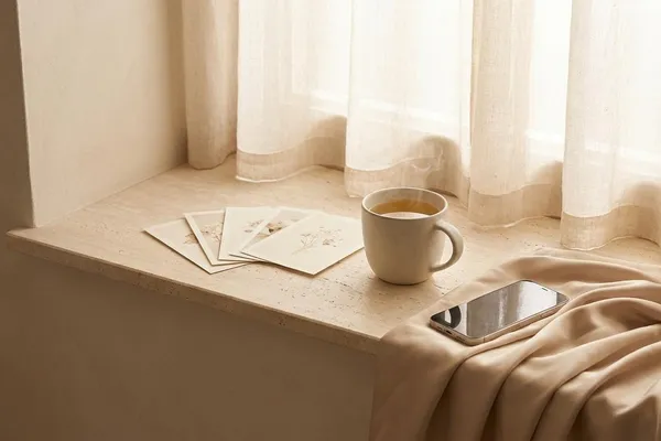 Landscape scene of five cream cards fanned out on a pale travertine sill beside a steaming mug, a phone resting face-down on champagne satin, and a soft suggestion of morning light through sheer curtains.