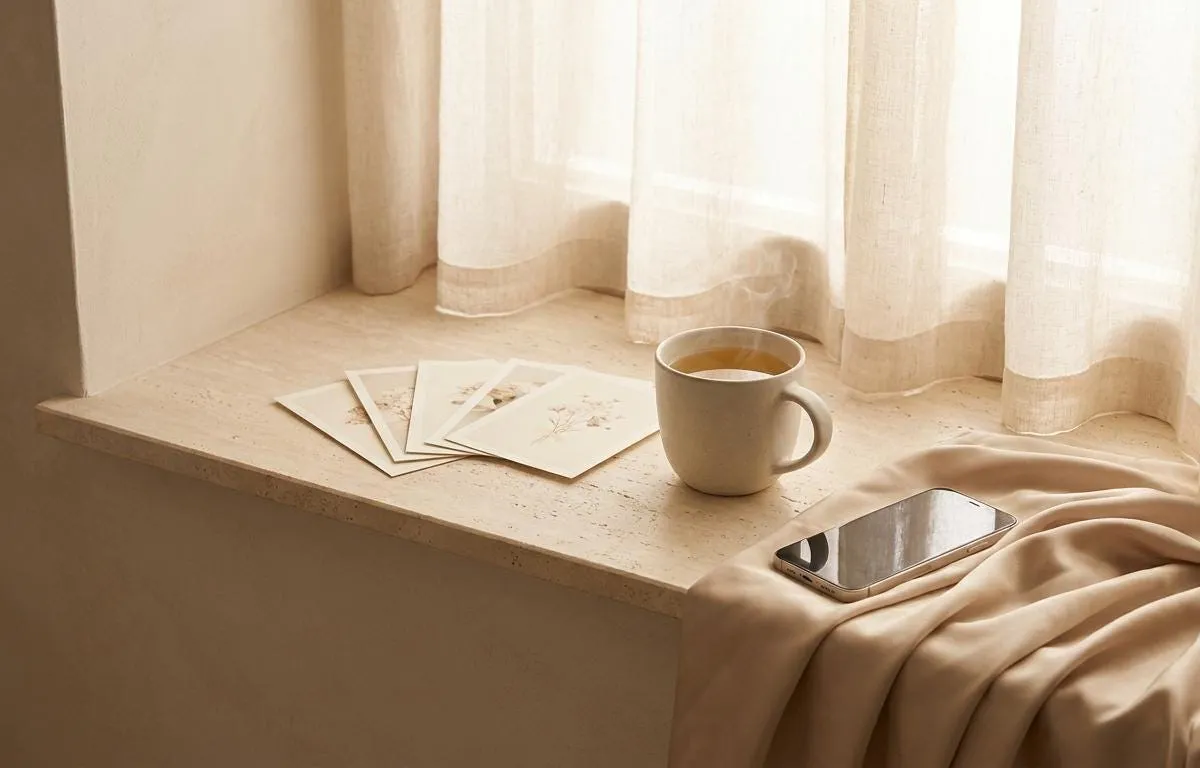 Landscape scene of five cream cards fanned out on a pale travertine sill beside a steaming mug, a phone resting face-down on champagne satin, and a soft suggestion of morning light through sheer curtains.