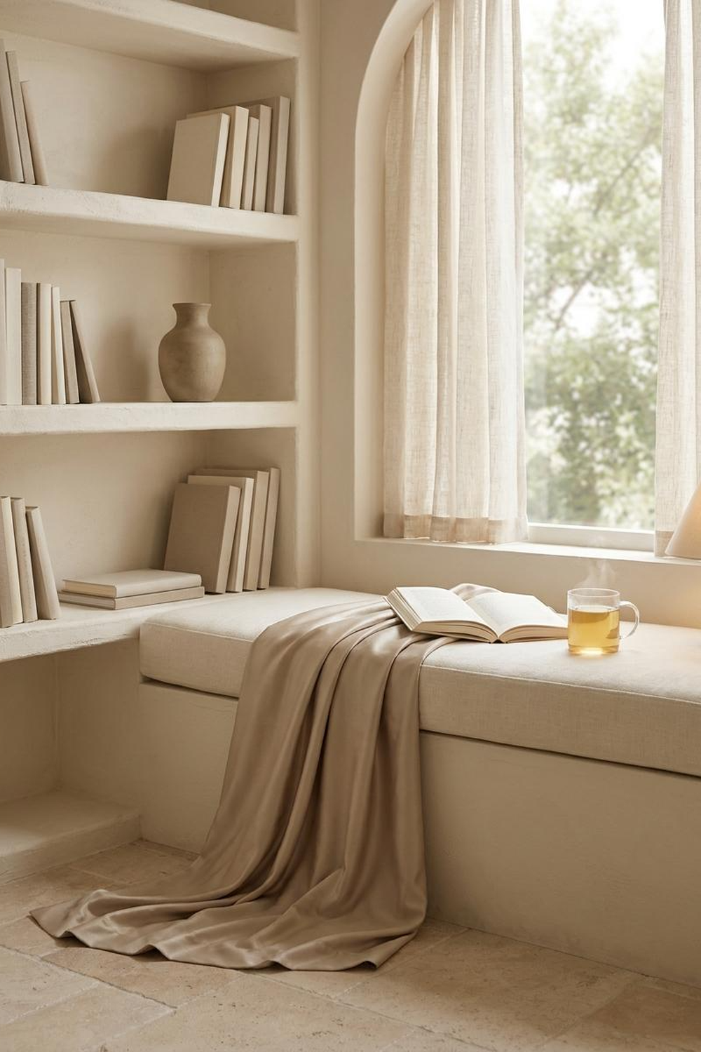 A quiet library nook with cream-bound books, arched window, open book and steaming tea
