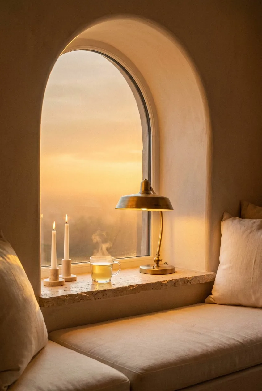 An evening window-seat ritual, a steaming mug, brass lamp glow, and two candles on travertine