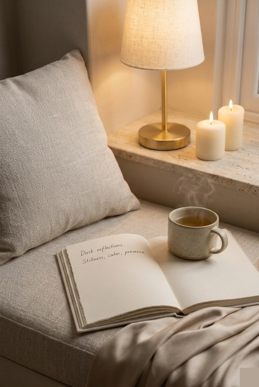 A window-seat journal with handwritten dusk reflections beside a steaming mug, brass lamp glow, and two candles on travertine