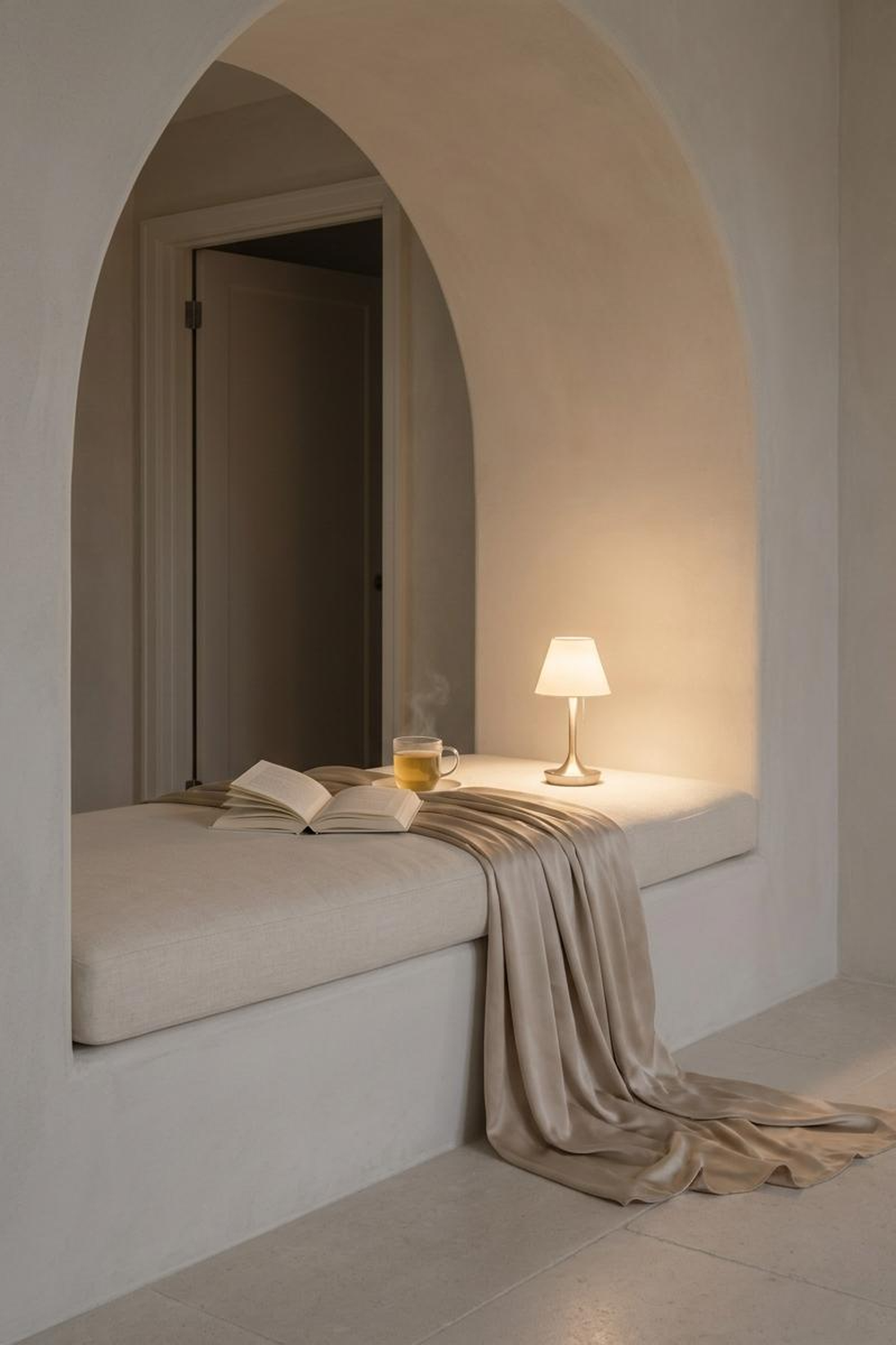 An arched alcove banquette with brass lamp, steaming tea, and an open book — silk drape pooling on stone floor