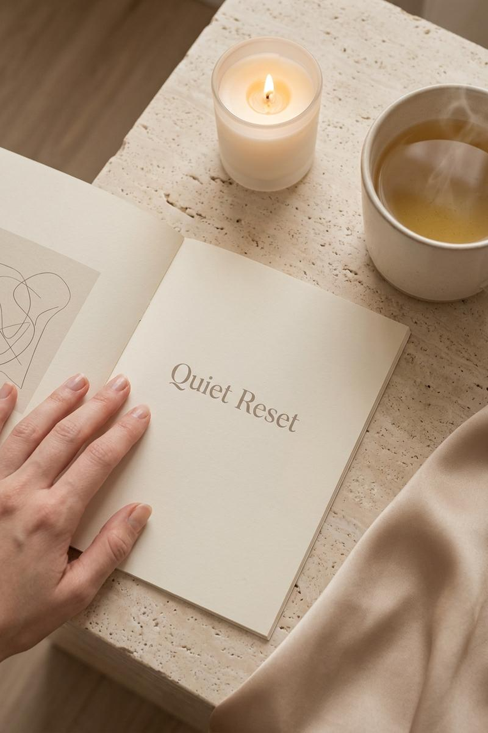 A hand resting on a cream Quiet Reset journal beside a lit candle and steaming tea on travertine