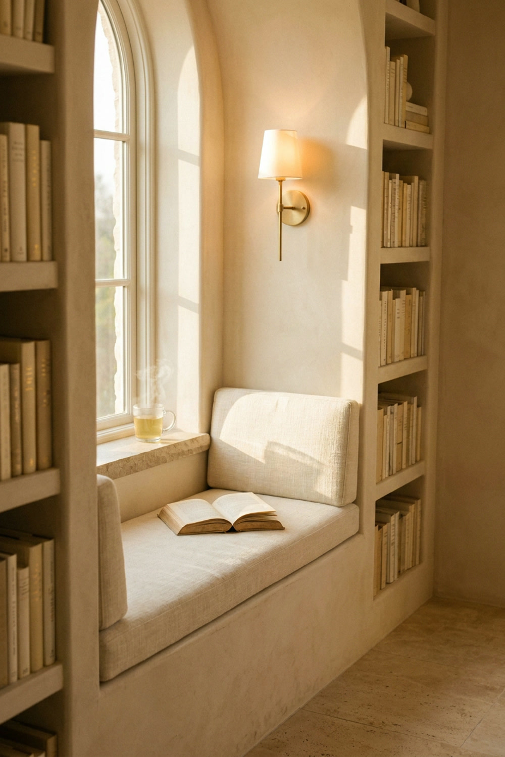 A sunlit reading alcove with an arched window, an open book on a linen seat, and a warm wall sconce