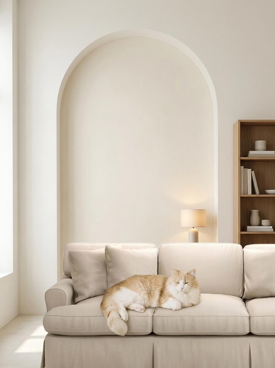 Long-haired cream and ginger tabby cat lounging on a cream slipcovered sofa in a soft cream archway alcove. Wooden bookshelf with neutral ceramics, small lamp with warm glow, soft window light from the left.