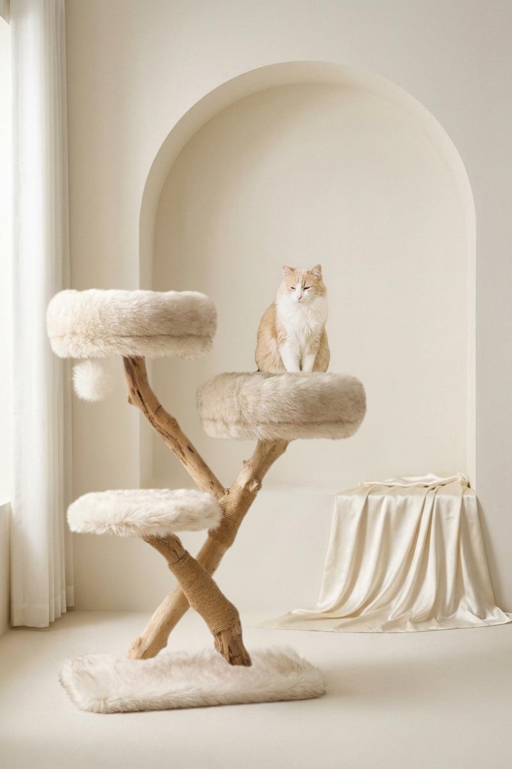 Long-haired cream and ginger tabby cat sitting on a modern pear wood cat tree in a soft cream archway alcove. Sculptural pear wood branches, fluffy faux fur platforms, sisal-wrapped scratching post, sheepskin base mat, draped cream silk in the background.